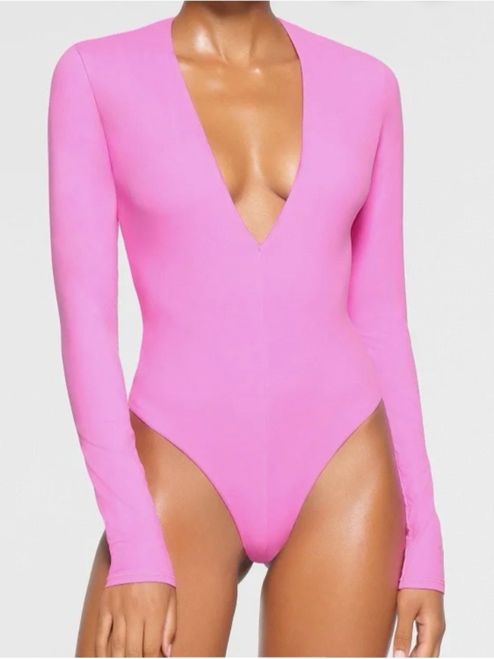 SKIMS Bright Fuchsia Long Sleeve Deep V Bodysuit